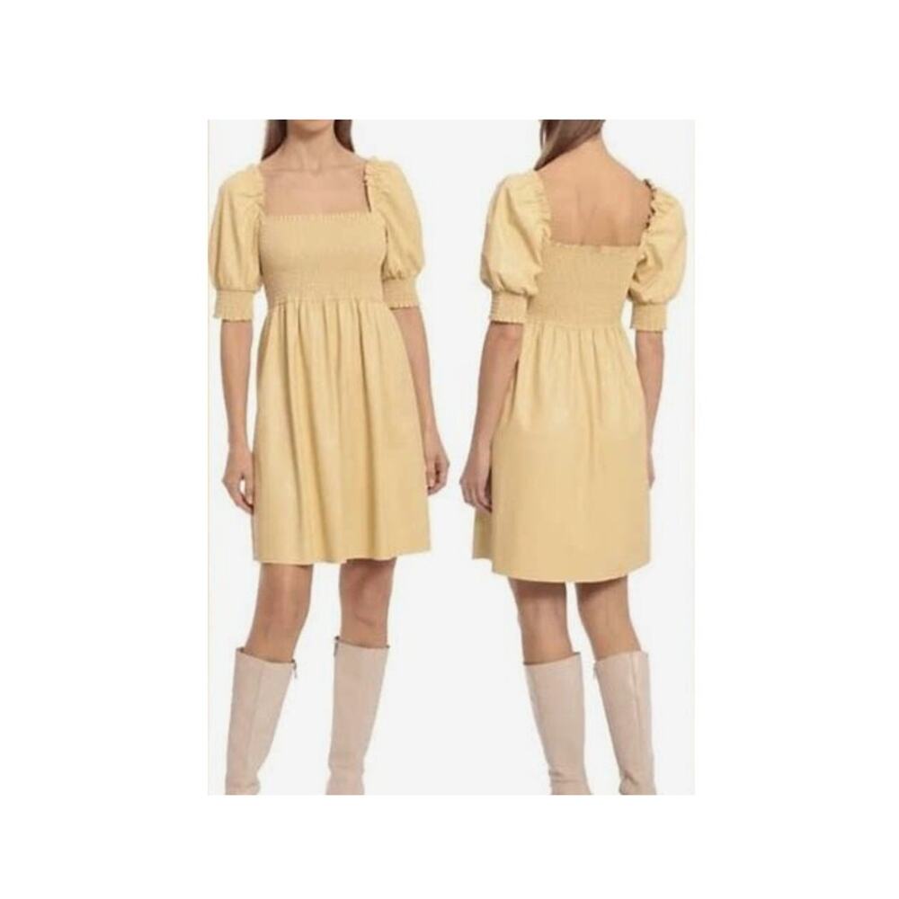 7 For All Mankind Womens Faux Leather Dress Size L Yellow Smocked Vintage Y2K